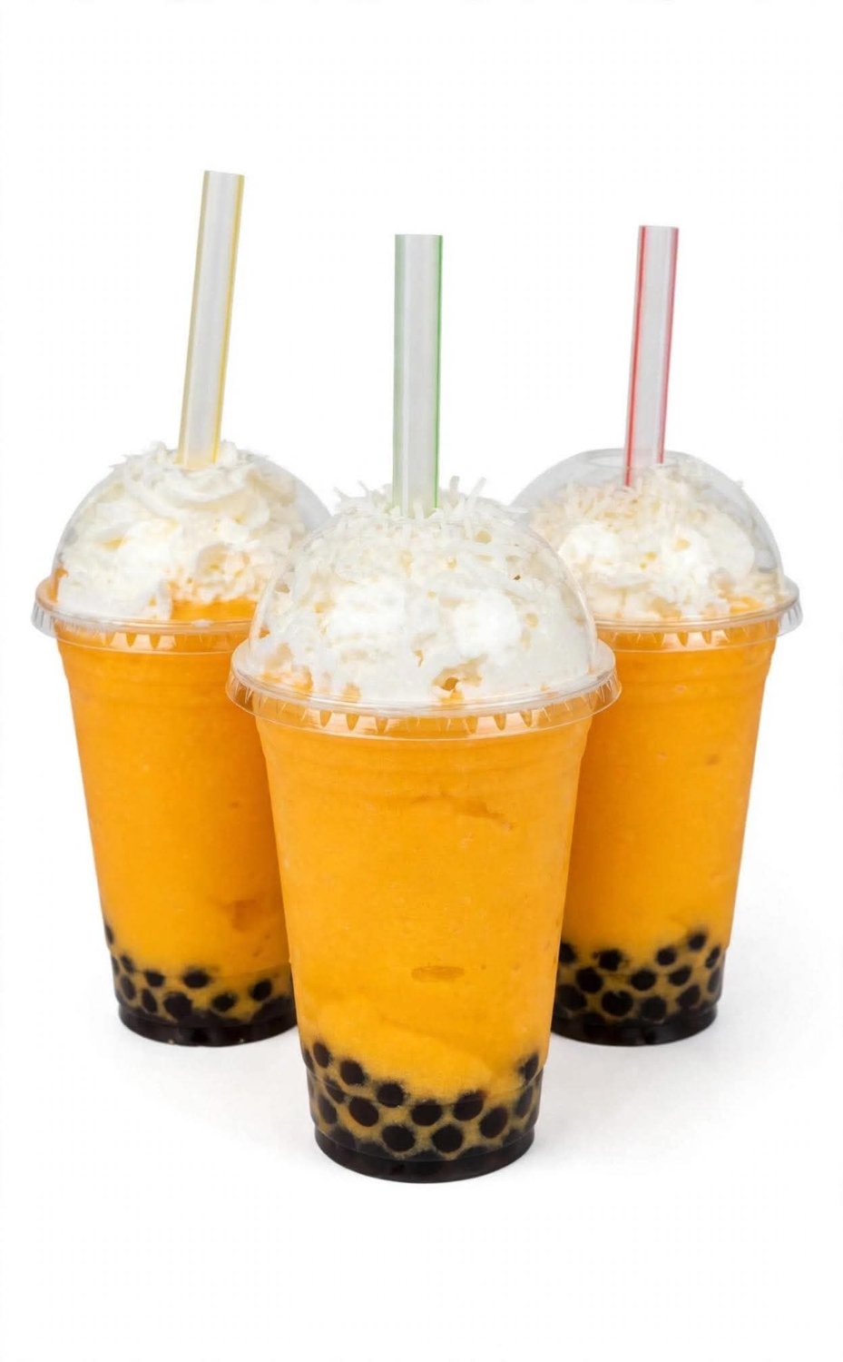 Three mango-colored boba drinks with coconut topping
