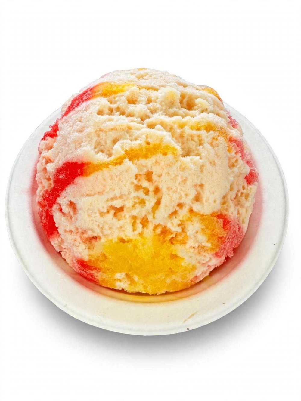 Red and orange shave ice with cream
